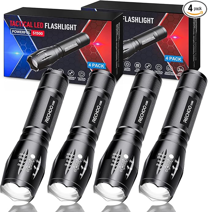 RECHOO Tactical Flashlight 4 Pack, Bright Zoomable LED Flashlight with High Lumens and 5 Modes, Waterproof Portable Pocket Flash Light for Emergency, Camping, and Outdoor Use - S1500