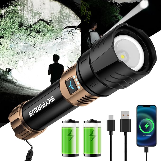 SKYFIRE Rechargeable Flashlight High Lumens,LED Flashlight with 8000mAh,Zoomable,Four Modes,Waterproof Bright Flash Light for Camping Essentials,Outdoor,Home-No Lens