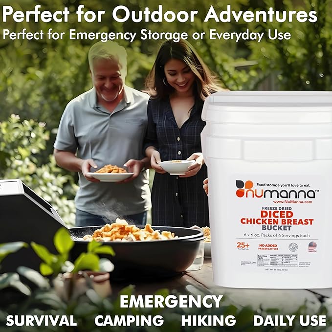 NuManna Freeze-Dried Diced Chicken Breast Bucket 36 Servings | Over 25g Protein per Serving for Daily Meal Prep, Emergency & Survival Food | Non-GMO, Resealable | 25+ Year Shelf Life | Made in USA