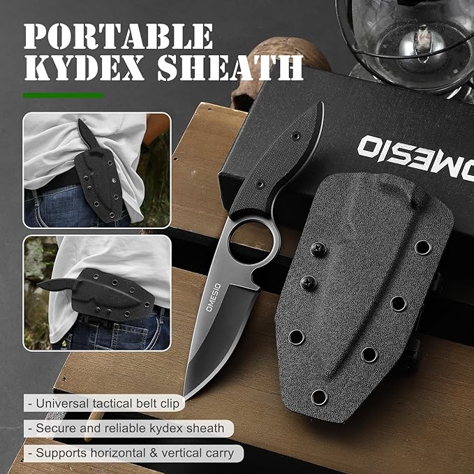 Omesio Small Fixed Blade Knife, Tactical Hunting Camping Knife with Kydex Sheath, Full Tang Stainless Steel Compact EDC Neck G10 Handle with Gift Box for Men (Black)