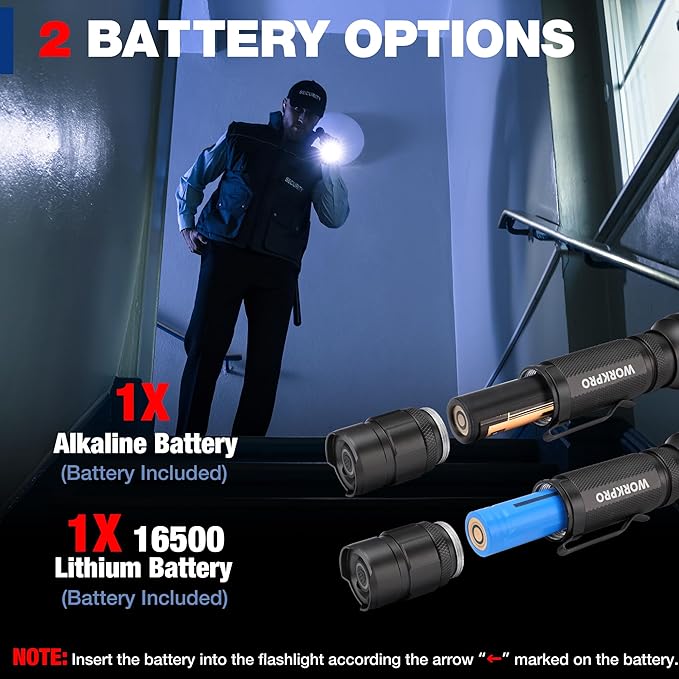 WORKPRO 1200LM Rechargeable Tactical Flashlight, EDC Mini Flashlight, Pocket Flashlight with Clip & Lanyard, 7 Light Modes, Zoomable Adjustable Focus, Includes Lithium Battery & Alkaline Battery