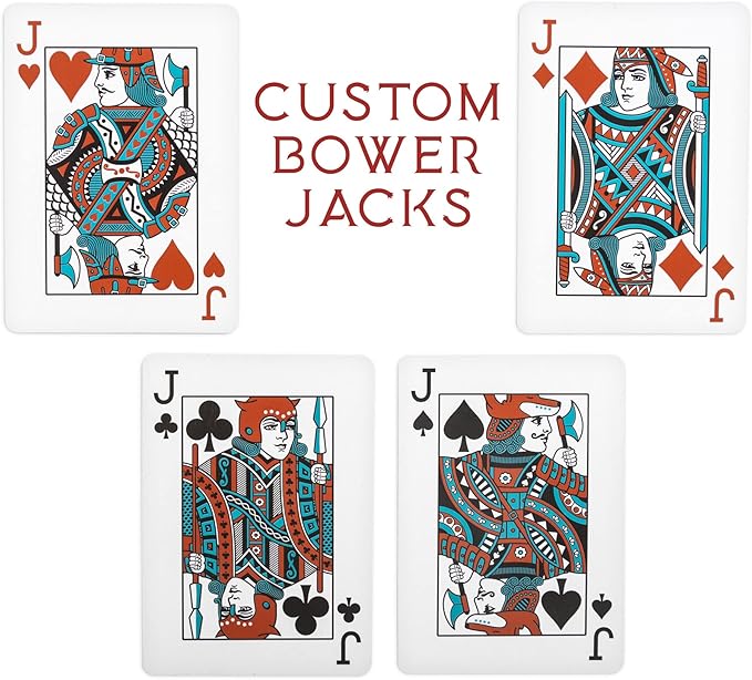 Brybelly Euchre Card Game - 2 Specialty Decks Pre-Stripped for Classic American Euchre or 6-Player Variant - Custom Bower Jacks & Blank Counter Cards Included