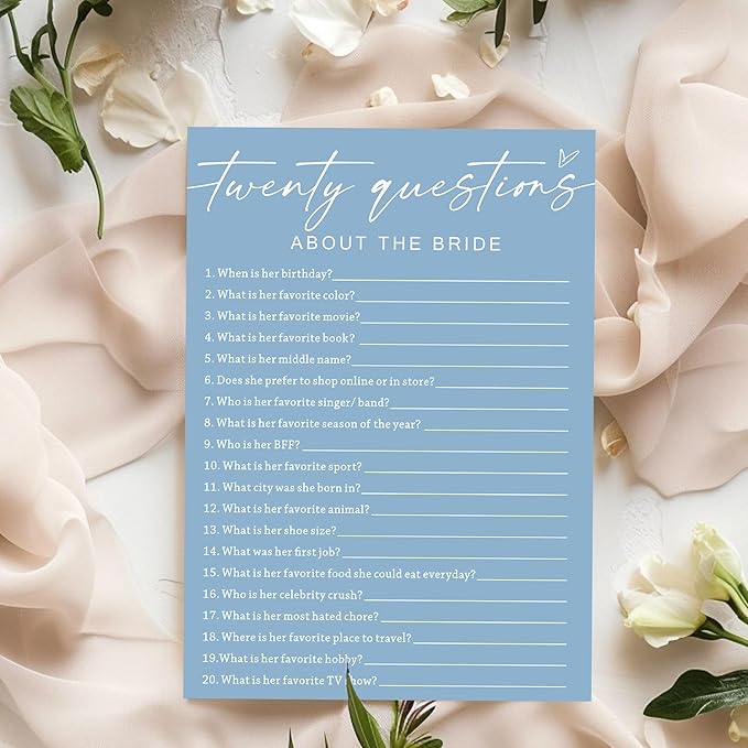 Bridal Shower Games Cards, Twenty Questions About The Bride, Bridal Shower Games 25 Guests, Engagement Party Wedding Games for Guests, Minimalist Blue Wedding Party Supplies - B05