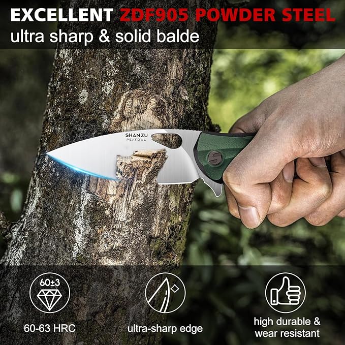 SHAN ZU Pocket Knife 3.2 in, Powder Steel Blade EDC Folding Knife for Men & Women, Utility Survival Knife with G10 Handle & Pocket Clip for Camping Fishing Hiking Hunting - Green