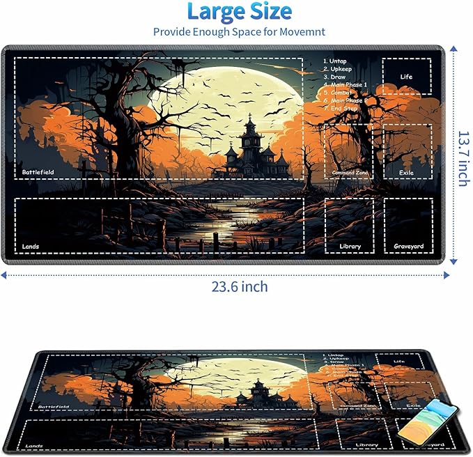 Playmat for MTG with Zones, 24 x 14 inches Game Play Mat for MTG TCG, Trading Card Game Play Mat Desk Mats with Stitched Edges Non-Slip Base, Halloween Night B