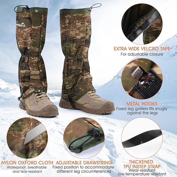 Waterproof Adjustable Leg Gaiters for Men and Women Snow Boot Gaiters for Hiking in Hunting Sand and Mud Mountain Climbing or Snowshoeing