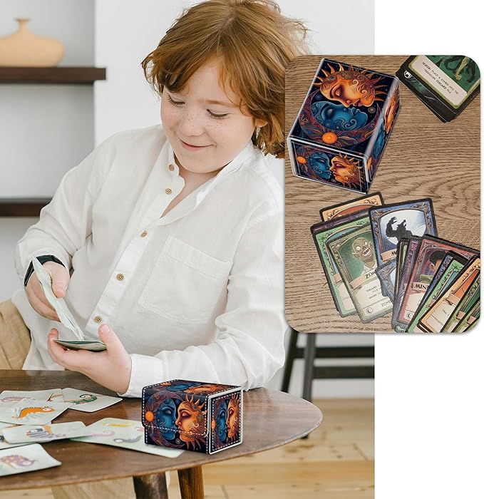 Strong Magnet MTG Card Box Playing Card Box Magic Deck Box TCG Up to 200 Cards Creative Pattern Trading Card Storage Box for Collectible Card Games, Sun Moon Stars Tarot Cards