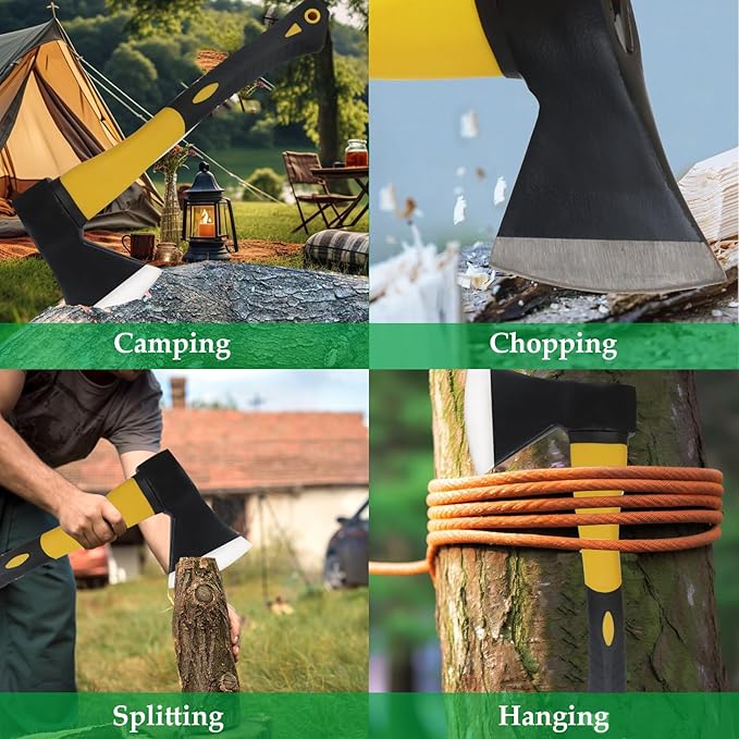 Wood Axe With Sheath - Camping Hatchet for Chopping and Splitting, Outdoor Bushcraft Tool for Hiking, Gardening, Throwing - Anti-Slip Handle (Yellow)