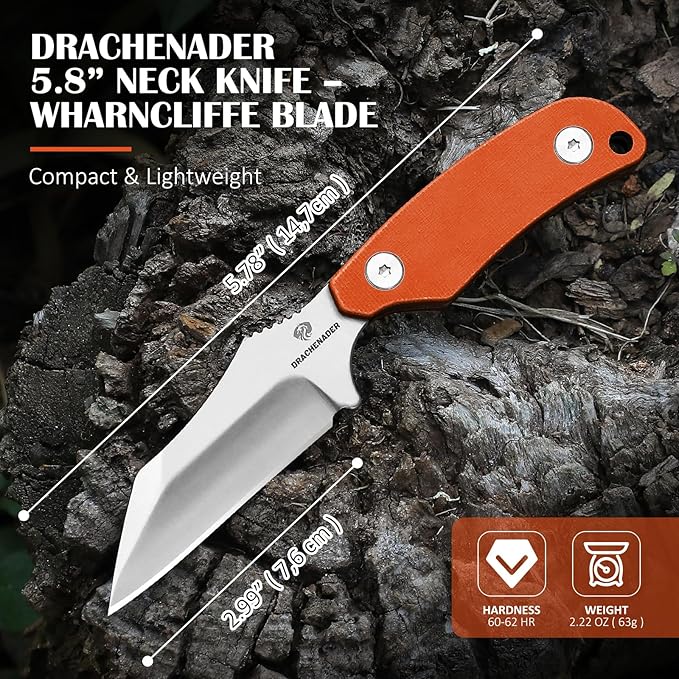 X-WH 5.78" Neck Knife with Kydex Sheath, D2 Steel Blade Silver Fixed Blade Knife with G10 Handle for Men, EDC Horizontal Carry