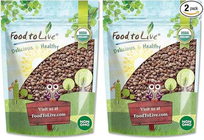 Food to Live Organic Whole Red Lentils, 1 Pound Non-GMO, Dry Raw Lentils, Sproutable, Vegan, Kosher, Bulk. Easy to Cook. Source of Folate, Fiber, and Protein. For Lentil Soup, Stews, Curry (Pack of 2)