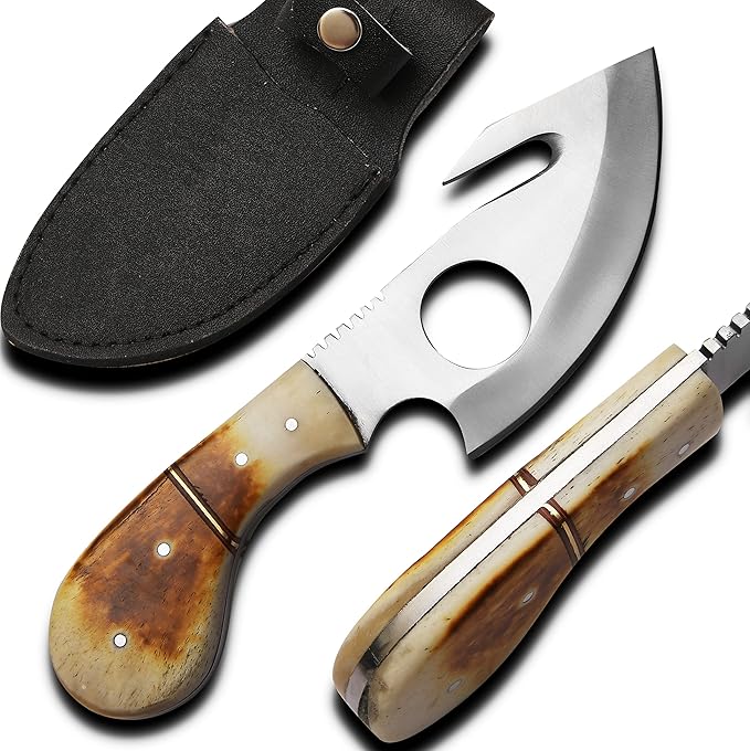 METAL OF HONOR Fixed Blade Knife, All in One Skinning Knife with Gut-Hook, for Hunters and Outdoors Enthusiasts with Sheath,Full Tang handmade knife with Bone Handle
