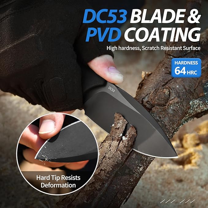 Fixed Blade Knife with Sheath, 3.5??DC53 Steel blade with Black Titanium Coating and G10 Handle Full Tang Outdoor Camping Hiking Survival Knives for Men Women