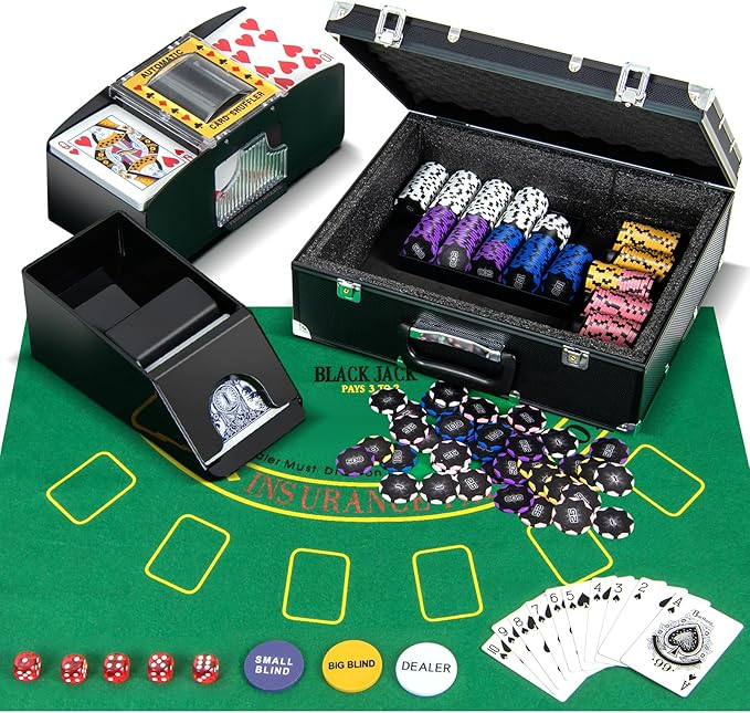 Goplus Poker Chip Set, 300 PCS 14 Gram Clay Poker Chips w/Case, Automatic Card Shuffler, 2 Decks Cards, 5 Dices, Card Shoe, 3 Dealer Buttons, Poker Felt, Texas Holdem, Blackjack, Casino (300 PCS)