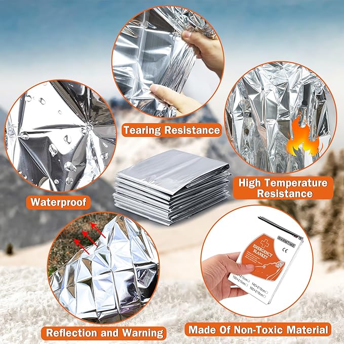 8 Pack Emergency Mylar Blankets, Survival Thermal Blanket for Rescue, First Aid Silver Foil Blanket Bulk, Safety Winter Heat Reflective Aluminum Blankets for Hiking, Camping, Marathons Outdoor