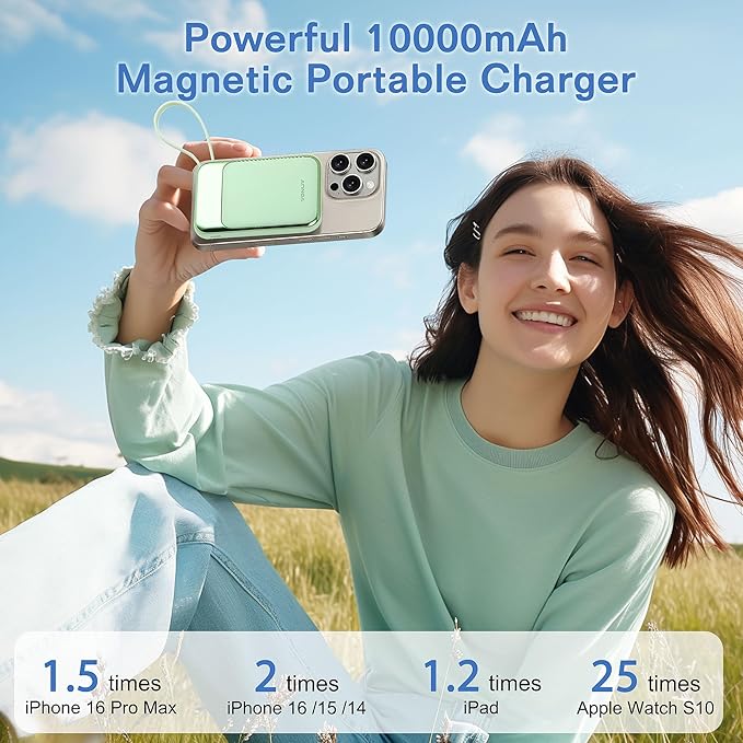 Magnetic Power Bank 10000mAh, Wireless Portable Charger with 15W Max Fast Charging & Built-in USB-C Cable, 22.5W PD LED Display Battery Pack Compatible with iPhone 16/15, Samsung Galaxy(Green)