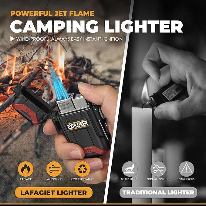 Lafagiet 2 Pack of Outdoor Torch Lighter, Windproof Single & Dual Jet Flame, Waterproof Storm Lighters Multipack for Camping, Fishing, Emergency (NO Gas)