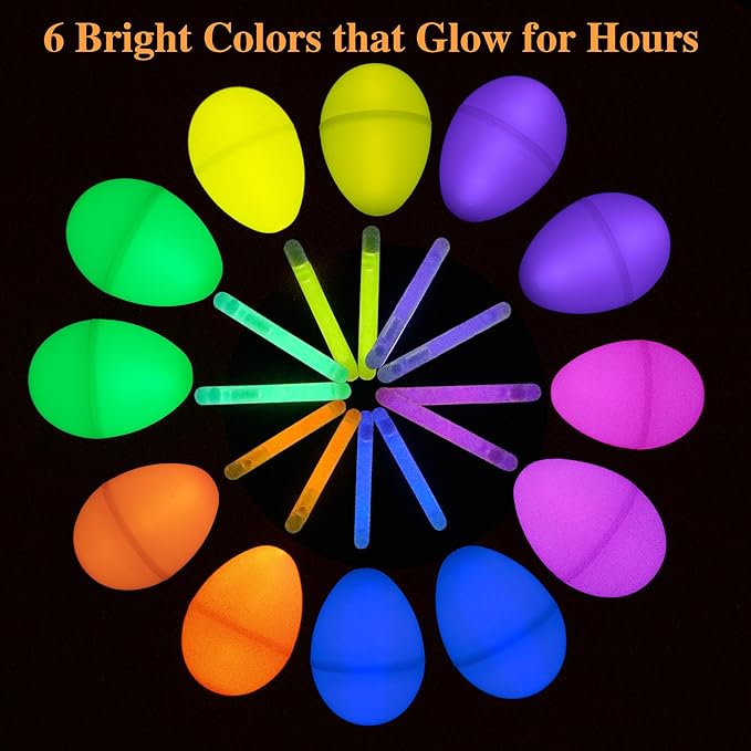 POPGIFTU 120 Easter Eggs with 240 Mini Glow Sticks, Glow-in-the-Dark Easter Eggs Bulk for Kids, Easter Basket Fillers & Party Favors, Egg Hunt Prizes & Classroom Decorations