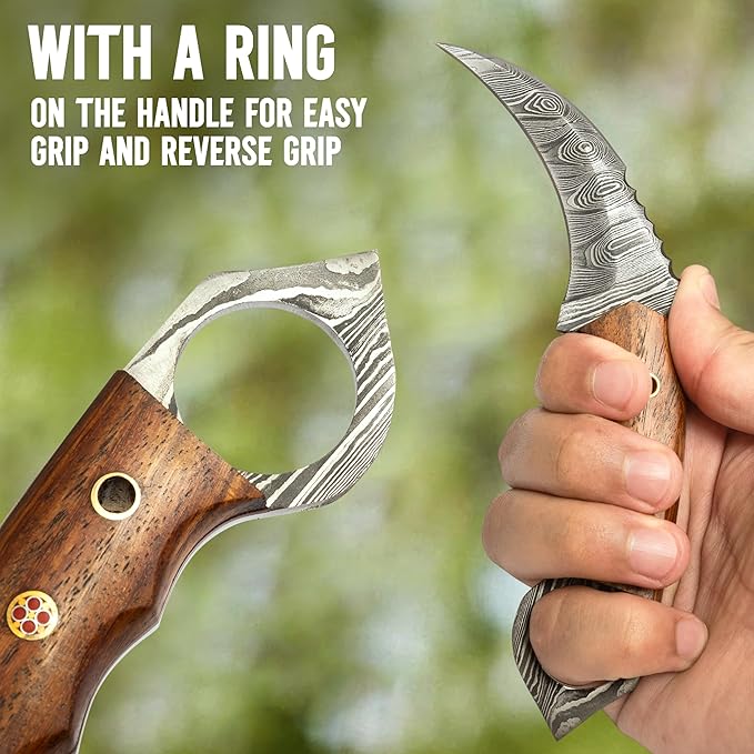 Damascus steel Handmade Knife, Survival claw Tactical teeth Knife Double edged sharp, Fixed Blade Knife With Sheath, Curved knife (Walnut Wood)