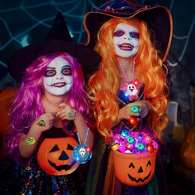 100PCS Halloween Party Favors for Kids Boys Girls, Glow LED Halloween Toys Bulk Light Up Necklace Rings Goodie Bag Fillers Stuffers Halloween Treats Non Candy Classroom Prizes Trick or Treat