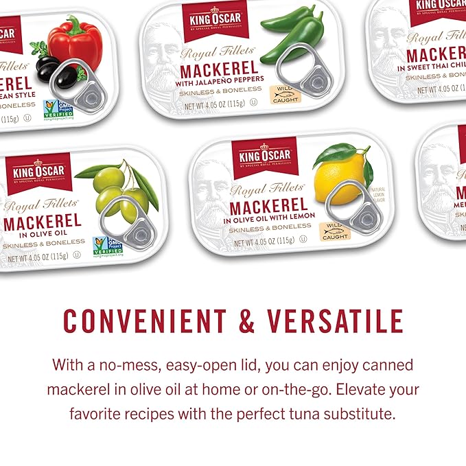 King Oscar Mackerel in Olive Oil, Mediterranean Style, 4.05 Ounce Can (Pack of 12, Packaging May Vary), Skinless & Boneless, Wild Caught Canned Mackerel