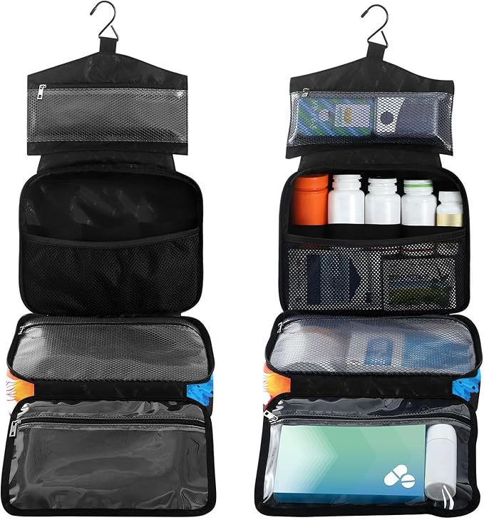 Fustylead Colorful Parrot Flying on Black Background Large Medicine Bag Travel Pill Bottle Organizer with Zipper, Empty First Aid Bag for Camping Hiking Outdoors