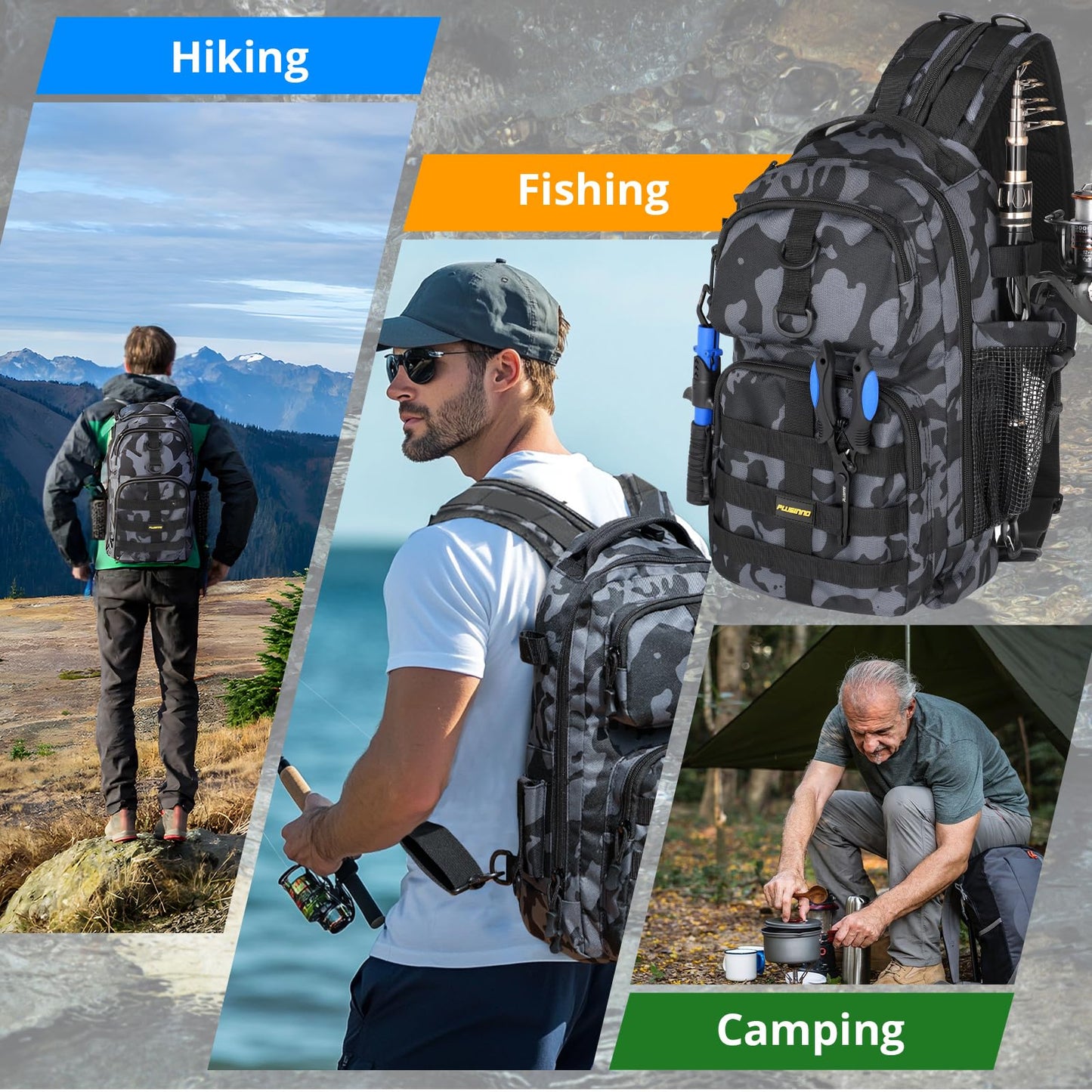 PLUSINNO Fishing Backpack with Tackle Boxes, Waterproof Fishing Sling Tackle Bag For Fishing Gear