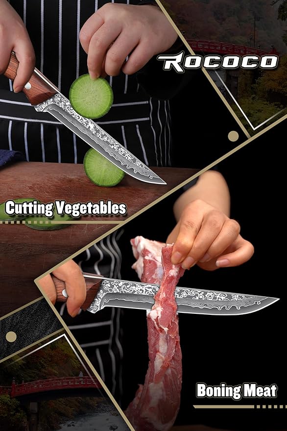 ROCOCO Damascus Boning Knife for Meat Cutting Deboning Brisket Slicing Trimming knife Fish Fillet Knife with Narrow Blade for Kitchen Camping BBQ Birthday Mothday's Day Gift 5.3"