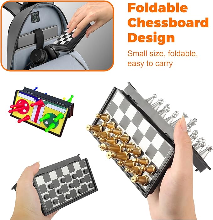 3 in 1 Magnetic Chess Set - 6.69" Portable Folding Board with Chess, Checker, Ludo Games | No Stress Travel Essentials for Beginners & Professionals, Indoor Outdoor Use