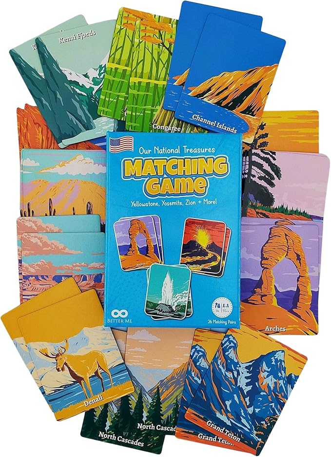 Better Me Our National Treasures Matching Game for Ages 3 & Up A Fun & Fast USA National Parks Memory Game for Kids. Yosemite, Yellowstone, Arches, Denali and More