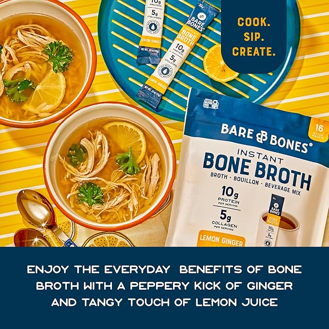 Bare Bones Bone Broth Instant Powdered Mix, Lemon Ginger, Pack of 16, 15g Sticks, 10g Protein, Keto & Paleo Friendly Bone Broth Packets