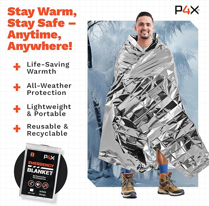 PREPARED4X Mylar Blankets 8 Pack - Waterproof Emergency Blanket - Rip and Tear Resistant Survivalist Gear - Emergency Thermal Blanket for Outdoor Survival