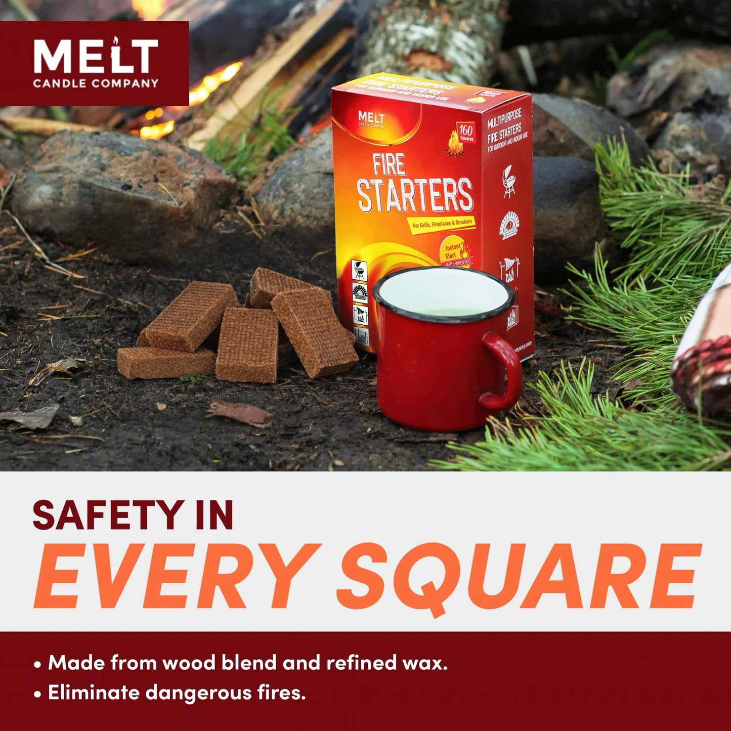 Fire Starter Squares, 160 pcs - Charcoal Fire Starters for Campfires, Grill, Outdoor Pit