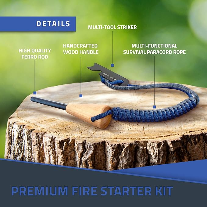 Ferro Rod Flint Fire Starter Kit with Handcrafted Wood Handle |5/16"- 3/8" Thick 12000-15000 Strikes |Survival Flint and Steel Rods with Multi-Tool Striker and Paracord Lanyard for Camping