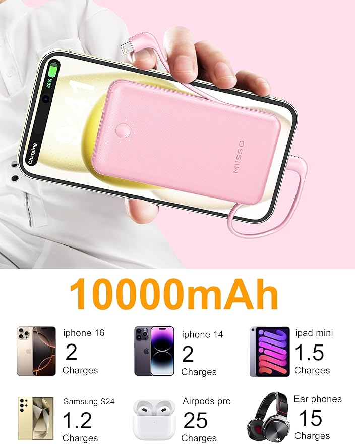 Ultra Slim 10000mAh Power Bank Built-in Cables and Foldable AC Wall Plug, Pocket Size USB C Portable Charger, External Battery Pack Compatible with iPhone Samsung iPad etc, Pink