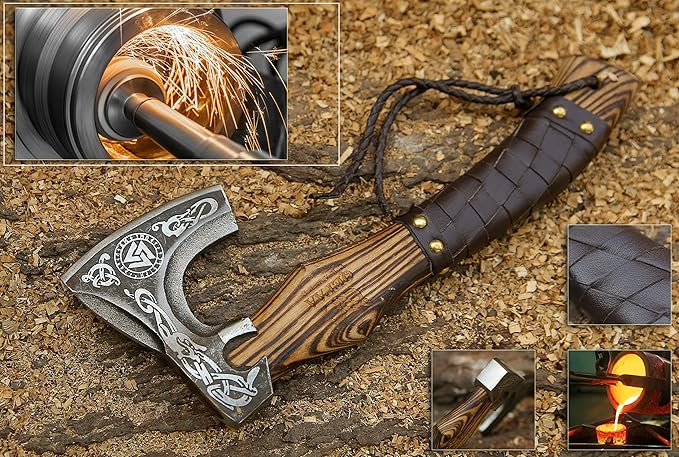 13??Inch Hand-Forged Viking Axe- Ash Wood Handle Hatchets and Axes with Leather Wrap, Wood Splitting Axe, Camping Axe, Throwing Axes and Tomahawks - Gift for Him (Valknut)