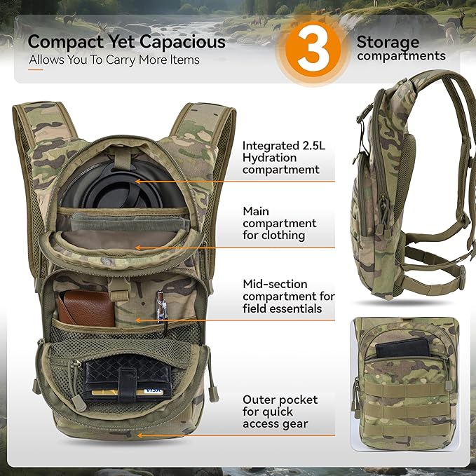MARCHWAY Tactical Molle Hydration Pack with 2.5L TPU Water Bladder, Low-Profile Organized Military Backpack for Hiking, Cycling, Backpacking, Hunting, Running