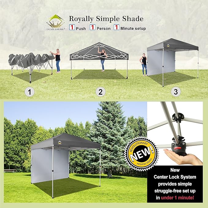 CROWN SHADES 8x8 Pop Up Canopy with 1 Side Wall - Beach Tent with One Push Setup - Outdoor Sun Shade for Events, Parties, Camping - Gazebo with STO-N-Go Cover Bag (Grey)