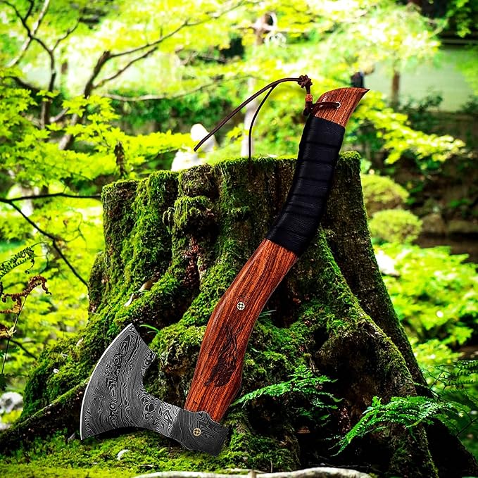 Dessi Damascus Steel Blade Axe Hatchet Tomahawk Hunting Knife Camping Outdoor. SM48