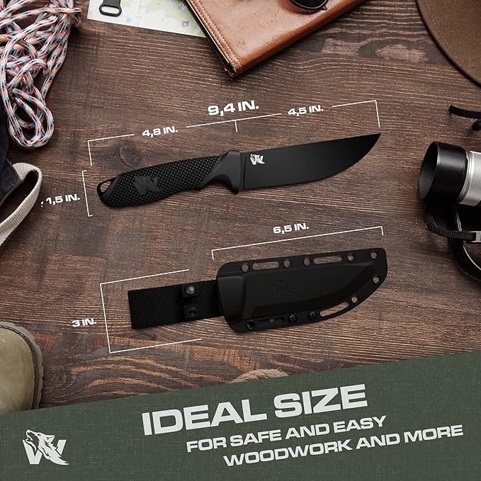 W-FLAT Full Tang Survival Knife with Sheath - Stylish Tactical Fixed Blade - Made of D2 Steel - Bushcraft and Camping Knife Survival - Perfect EDC Hunting Knife with TPE Handle