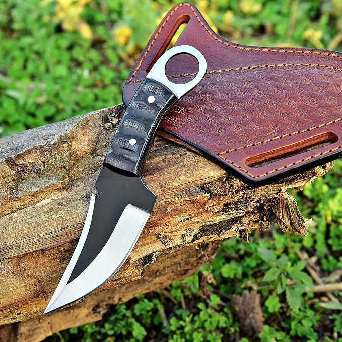 Bushcraft Survival Knife 1095 Steel Fixed Blade outdoor - Pakka Wood Handle - Pancake Leather Sheath - Traditional Field for Camping Fishing, Hunting Men & Wome EDC Knife to Carry on Belt (BLACK)