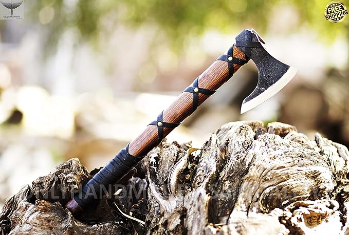 Custom Gift Forged Carbon Steel Viking Axe with Rose Wood Shaft, Viking Bearded Camping Axe & Hatchet, Birthday Gift for Him, Ragnar Axe, axis (Ragnar)