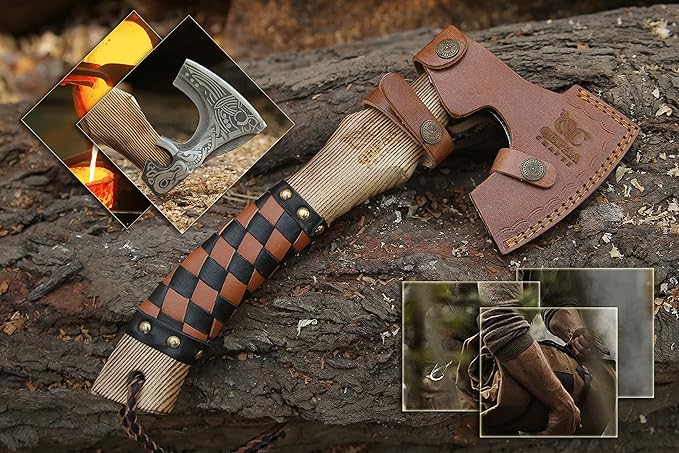 13??Inch Valhalla Axe ??Carbon Steel Viking Axe Head with Engraved Handle, Hatchet Axe with Genuine Leather Sheath and Wrap, Camping Axe, Throwing Axe -Viking Gift for Men