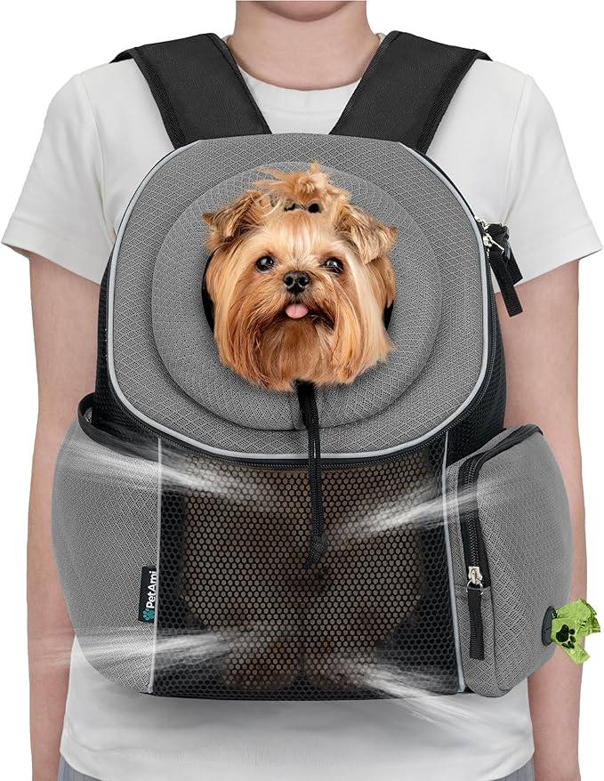 PetAmi Front Carrier Backpack for Dogs and Cats - Ventilated Adjustable Pet Chest Carrier for Hiking, Camping, Travel - Small to Medium Pets Up to 10 lbs - Grey