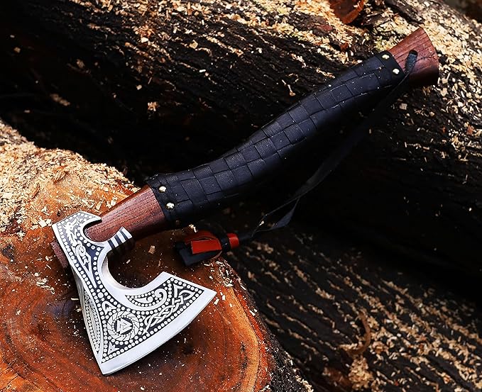19" Viking Axe Carbon Steel Engraved Head with Leather Wrapped Wooden Handle & Sheath | Norse Collectible Hatchet for Camping & Gifting