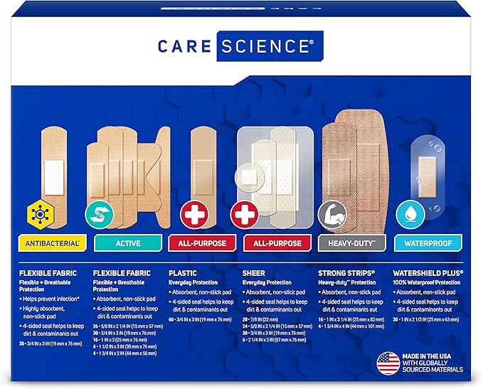 Care Science Variety Bandages Pack, 300 ct Bulk Assorted Sizes | Includes Active, All-Purpose, Waterproof, Heavy-Duty | Breathable Protection for First Aid