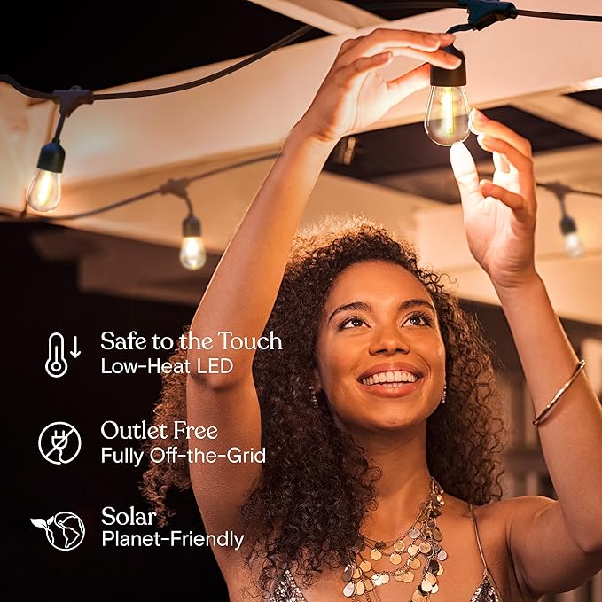 Brightech Ambience Pro 27 Ft Solar Powered Outdoor String Lights - Commercial Grade Waterproof Patio Lights with Edison Globes, Shatterproof LED String Lights for Patio - 2W, Warm White, 12 Bulbs