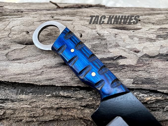 7'' Full Tang Fixed Blade Outdoor Camping Hunting Knife In Sheath Gift For Him | 1095 High Carbon Steel Knife | SKINNER Gift | Cowboy knives | Pancake leather sheath (BLUE)