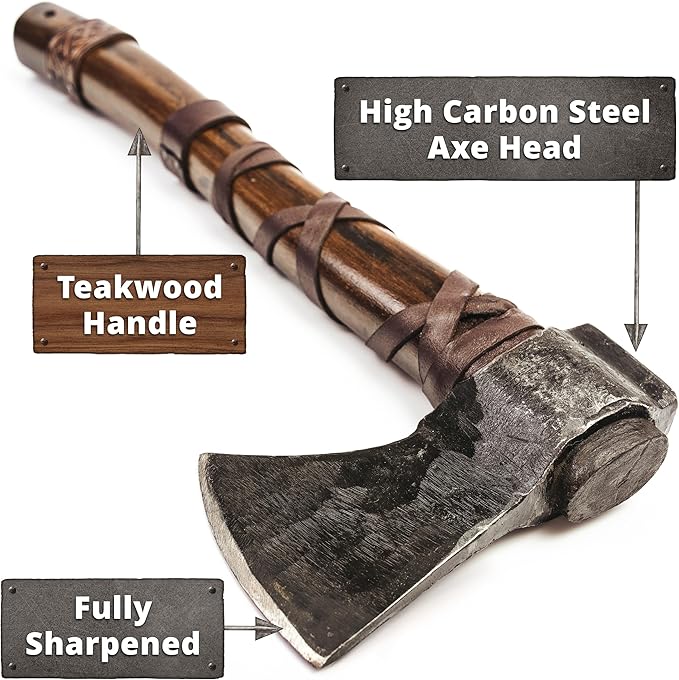 Norse Tradesman 14" Viking Throwing Axe - Carbon Steel Head, Teakwood Handle, Brown, Regulation Size, Includes Leather Sheath