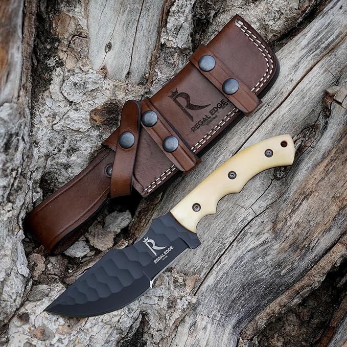 Fixed Blade Knife ??10??Handmade Tracker Hunting Knife with Camel Bone Handle & Leather Sheath, Full Tang 1095C High Carbon Steel Survival Knives for Camping, Hunting & Outdoor Use
