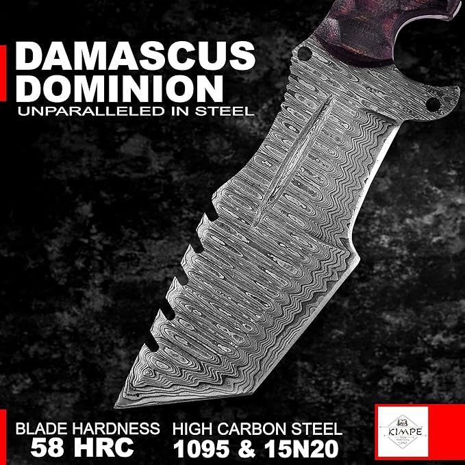 KIMPE 10.5?™â€?Damascus Hunting Knife with Leather Sheath-Fixed Blade EDC Knife-Bushcraft Knives-Wood Handle-Best Camping & Survival Knives-Knives for Men. (Micarta Red & Black)